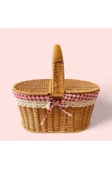 Rattan Örgülü Kapaklı Oval Piknik Sepeti Naturel  40 x 27