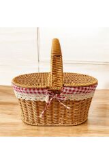 Rattan Örgülü Kapaklı Oval Piknik Sepeti Naturel  40 x 27