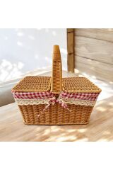 Rattan Örgülü Kapaklı Dikdötgen Piknik Sepeti Naturel  40 x 27