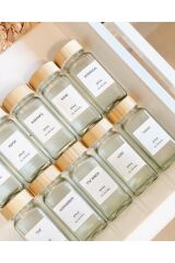 Bambu Kapaklı 12'li Kare Baharat Kavanoz Seti (16 ADET ETİKET)