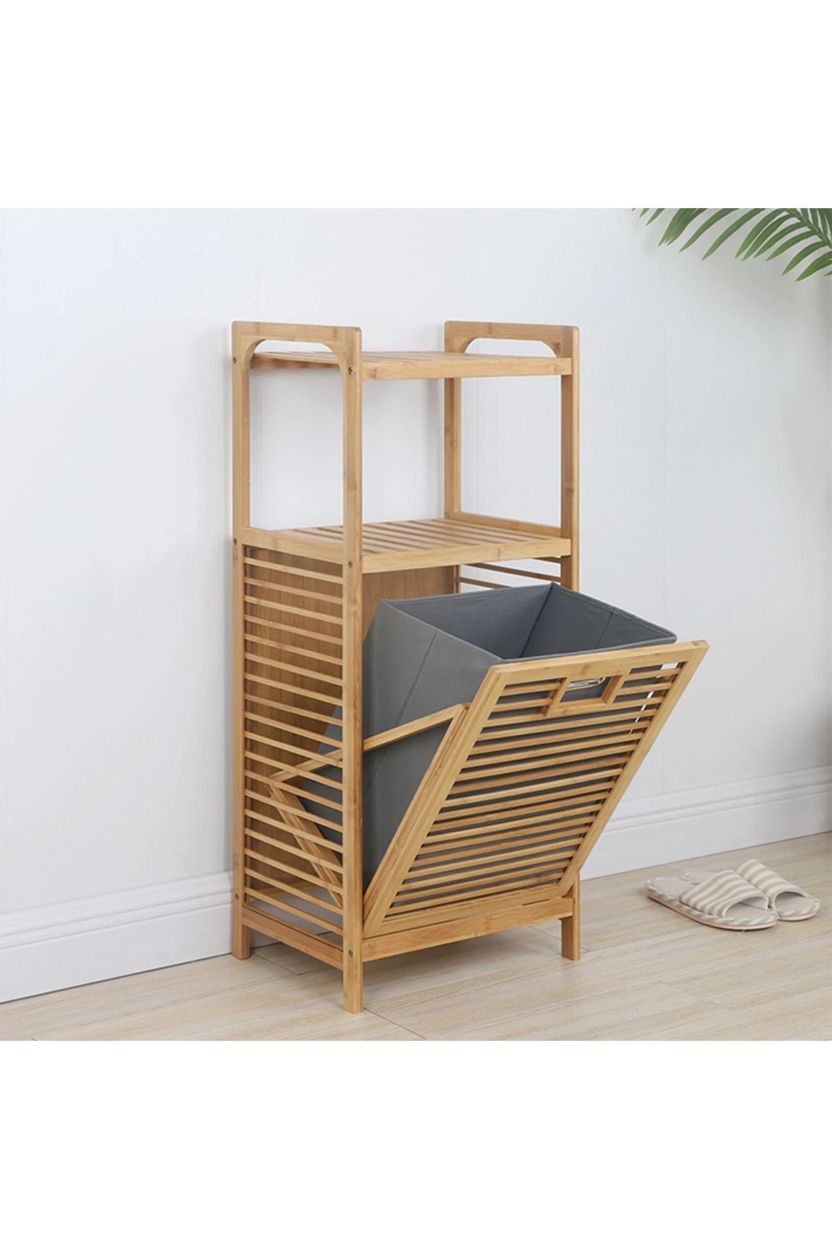 Bambu Dekoratif Raflı Çamaşır Sepeti 45x30x100 cm  45 x 35