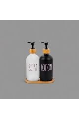Cam ve Bambu Altlıklı 2 Parça Sıvı Sabunluk Seti Siyah & Beyaz