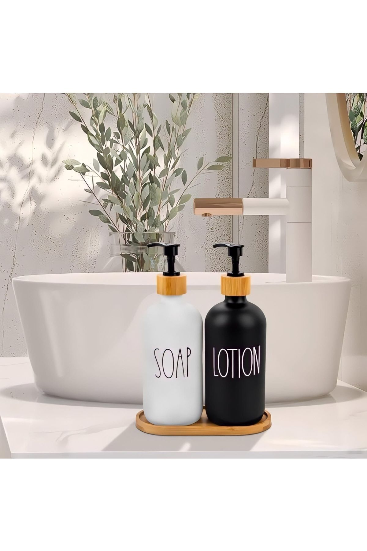 Cam ve Bambu Altlıklı 2 Parça Sıvı Sabunluk Seti Siyah & Beyaz