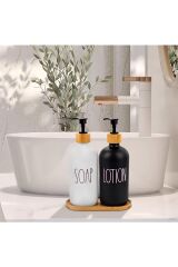 Cam ve Bambu Altlıklı 2 Parça Sıvı Sabunluk Seti Siyah & Beyaz