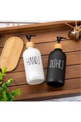 2 Parça Cam ve Bambu Altlıklı Sıvı Sabunluk Seti Siyah & Beyaz