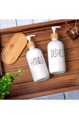 2 Parça Cam ve Bambu Altlıklı Sıvı Sabunluk Seti Beyaz