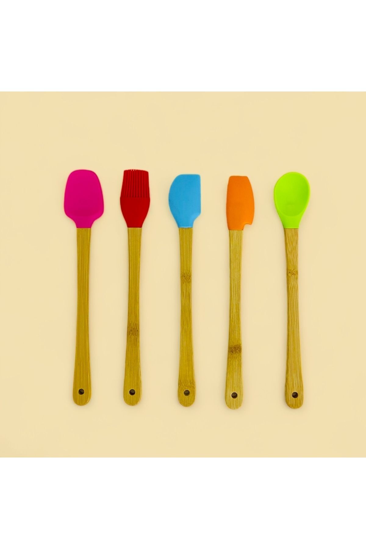 Bambu Saplı Renkli Silikon Uçlu 5'li Yemek Kaşık Seti 23 cm