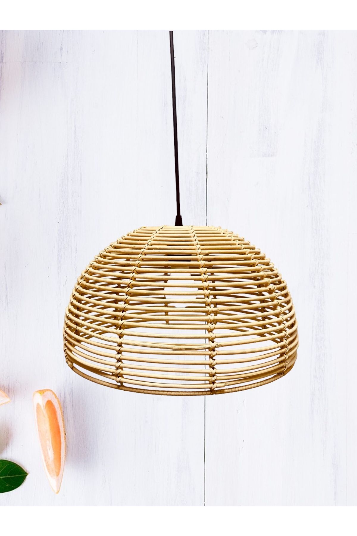 Rattan Bambu Yuvarlak Tekli Avize Natürel 38x24 cm  38.5 x 24