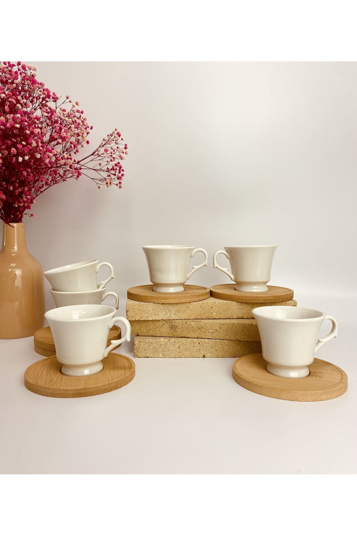 Bambu Altlıklı Porselen 6' Lı Kahve Fincan Takımı