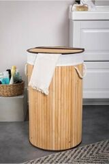Bambu Yuvarlak Katlanabilir Çamaşır Sepeti 35x61 Cm